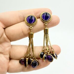 Vintage Gold Tone Purple Crystal Drop Dangle Earrings